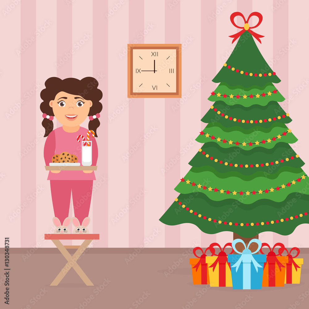 Festive design of the room.Girl, milk and cookies for cute Santa, festive decorated tree and gifts. Merry Christmas and Happy New year. Vector illustration in flat style. Festive design of the room.Girl, milk and cookies for cute Santa, festive decorated tree and gifts. Merry Christmas and Happy New year. Vector illustration in flat style.