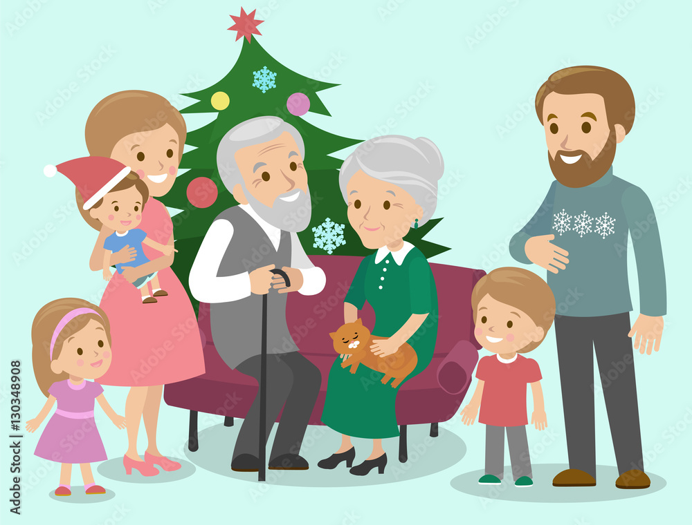 Big family celebrates Christmas. Fancy tree. Vector Big family celebrates Christmas. Fancy tree. Vector