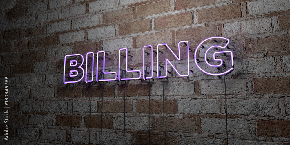 © Chris Titze Imaging - BILLING - Glowing Neon Sign on stonework wall - 3D rendered royalty free stock illustration.  Can be used for online banner ads and direct mailers..