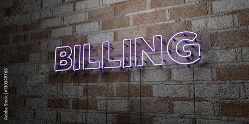 BILLING - Glowing Neon Sign on stonework wall - 3D rendered royalty free stock illustration.  Can be used for online banner ads and direct mailers..