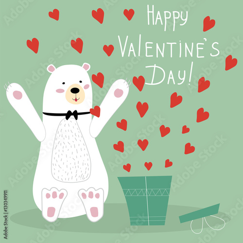 Happy Valentine's day . Cute polar bear opened a box of Valentines. Vector card with text. Vintage style