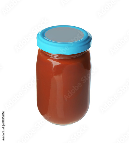 Baby puree  in glass jar isolated on white