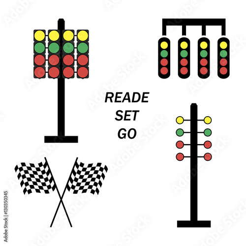 Set start line, racing starting lights system on white background