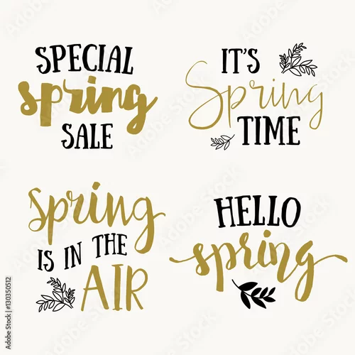 Obraz Czas wiosny ręcznie rysowane pędzlem, czarno -złota na białym tle. Wektor wzór napis na wiosenne wyprzedaże, banery, reklama, plakaty, grafiki, kartki z życzeniami, koszulki