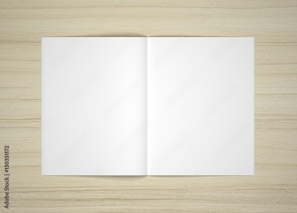 Blank 3D illustration opened magazine mock-up on wooden table. Blank 3D illustration opened magazine mock-up on wooden table.