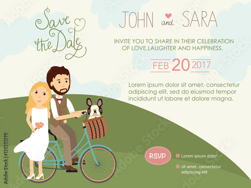 wedding invitation cards with bride and groom and their Pug dog