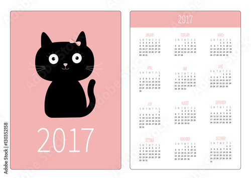 Pocket calendar 2017 year. Week starts Sunday. Flat design Vertical orientation Template. Cute cartoon black cat girl with big eyes and bow. Pink background.