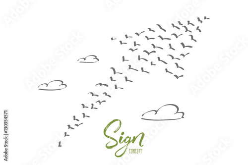Vector hand drawn sign concept sketch with arrow up meaning growth and progress formed by flock of flying birds