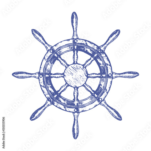 Ship Steering Wheel Hand Draw Sketch. Vector