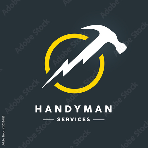 Concept handyman services logo with white abstract hammer flash tool in yellow circle icon on dark cool grey background. Vector illustration.