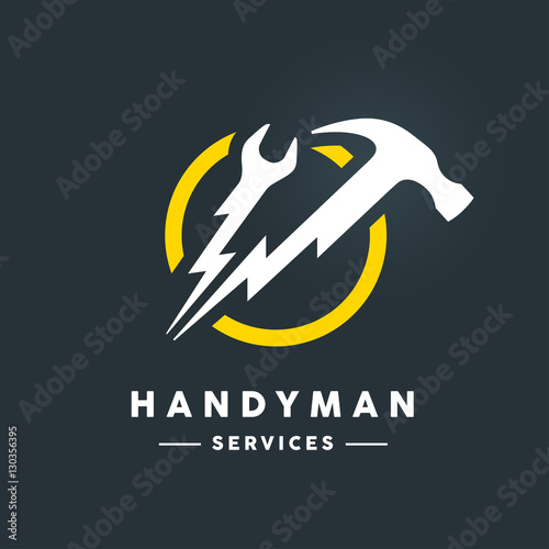 Concept handyman services logo with white abstract spanner and hammer flash tools in yellow circle icon on dark cool grey background. Vector illustration.