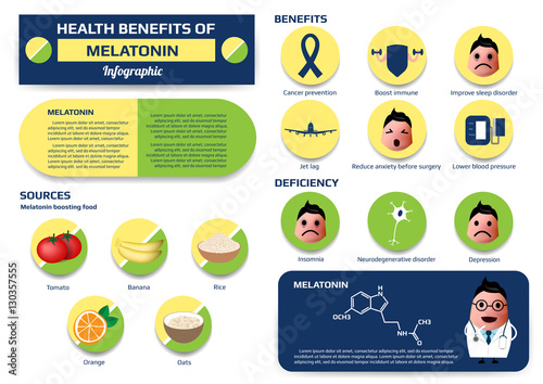 Fototapeta Naklejka Na Ścianę i Meble -  health benefits of melatonin infographic, including of structure, sources and benefits, supplement medical vector illustration for education.
