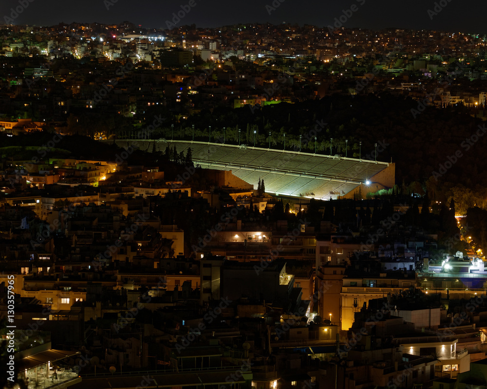 Athens Greece, night view of the renovated ancient stadium 
