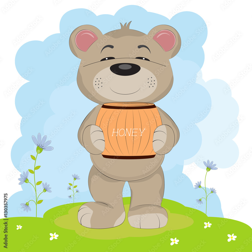 Cartoon a cute happy bear carries a barrel of honey. Flat outlline style for posters, invitations, post cards. Cartoon a cute happy bear carries a barrel of honey. Flat outlline style for posters, invitations, post cards.