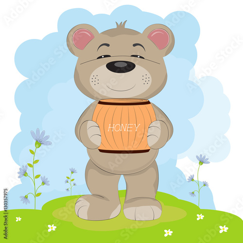 Cartoon a cute happy bear carries a barrel of honey.  Flat outlline style for posters  invitations  post cards.