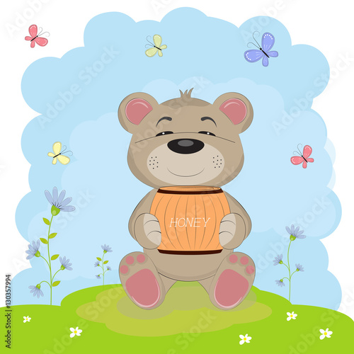 Cartoon a cute happy bear sits on the ground. Flat outlline style for posters, invitations, post cards.