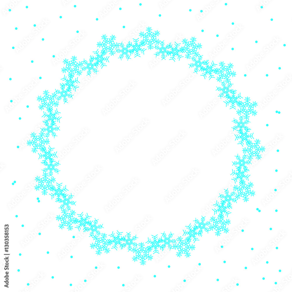 Fototapeta premium Border or frame of blue snowflakes with snow, isolated on white background