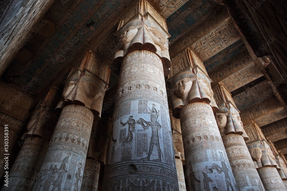 Pillars decorated with face of the Egyptian goddess Hathor in Dendera temple