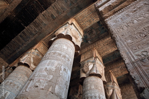Pillars decorated with face of the Egyptian goddess Hathor in Dendera temple