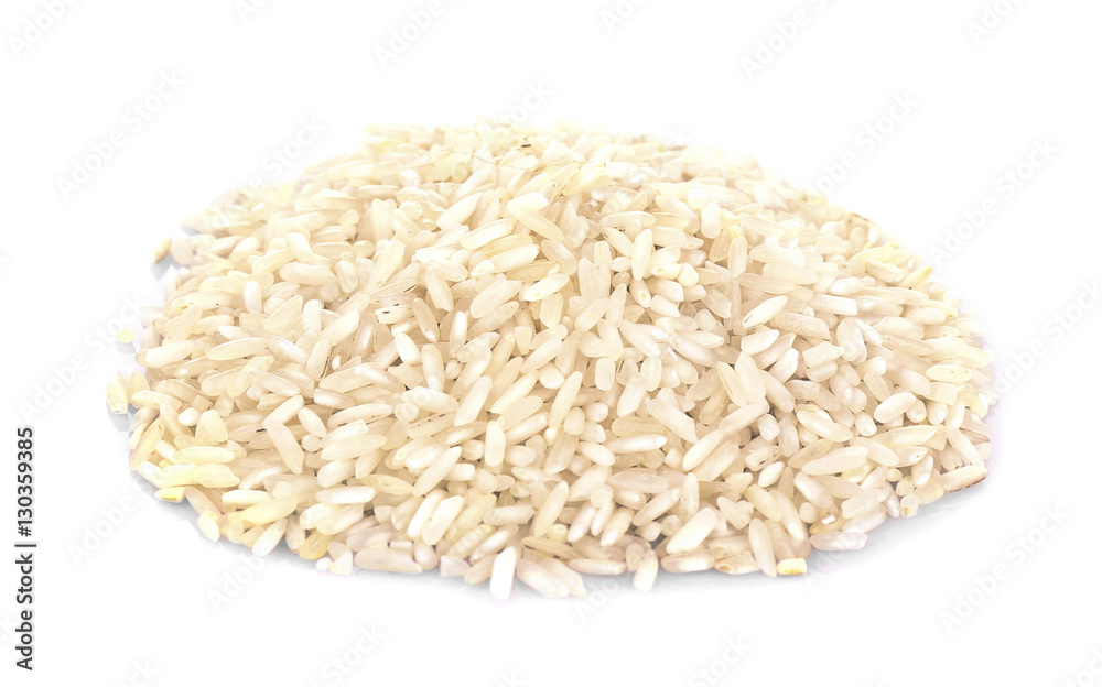 Pile of long grain rice on white background
