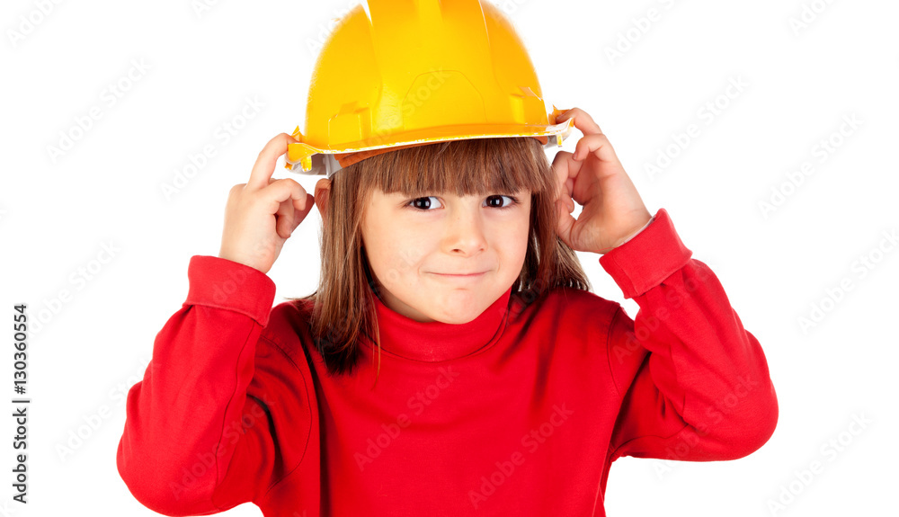 Funny girl with yellow helmet Funny girl with yellow helmet