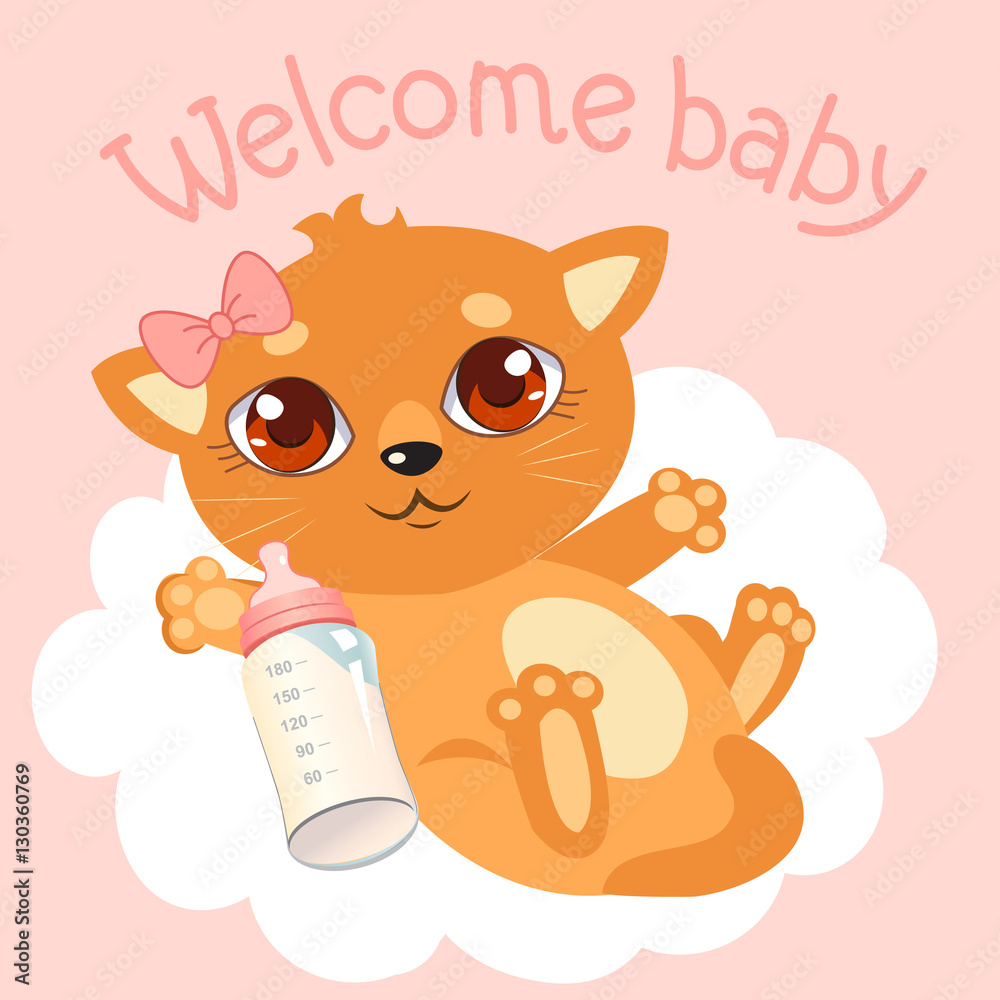 Welcome Baby Girl. Newborn Baby Cat. Welcome Baby Invitation