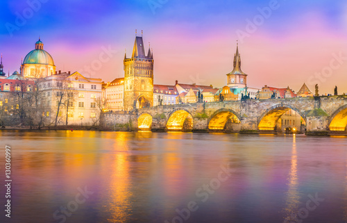 Vltava river, Charles Bridge and the towers in Prague, Czech Republic