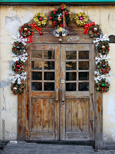 wooden door with Christmas decorations