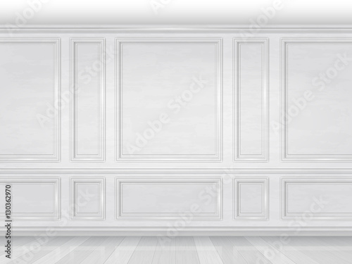 The wall decorated with white wooden panels. Fragment of the classic luxurious interior of the office or living room. Architectural realistic vector background.