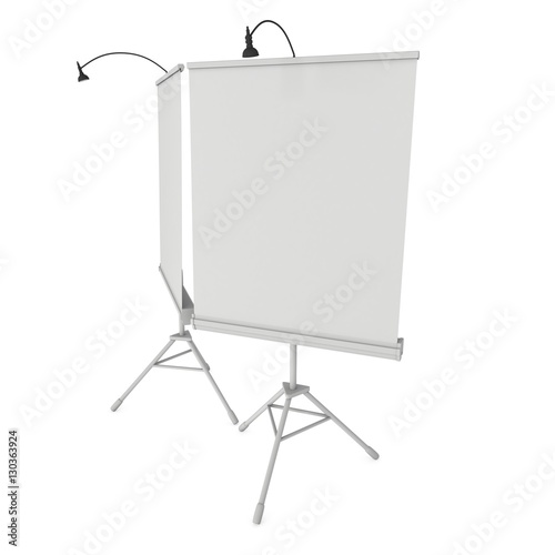 Blank Roll Up Expo Banner Stand on Tripod. Trade show booth white and blank. 3d render illustration isolated on white background. Template mockup for your expo design.