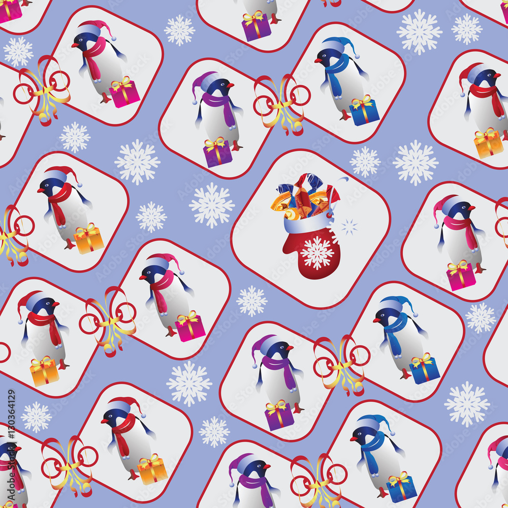 Naklejka premium Penguins with gifts. Seamless pattern. Design for textile, wrapping paper for gifts