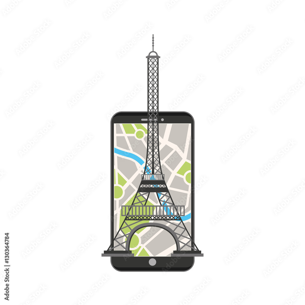 eiffel tower and smartphone device with city map on screen over white background. tourism and travel concept. colorful design. vector illustration eiffel tower and smartphone device with city map on screen over white background. tourism and travel concept. colorful design. vector illustration