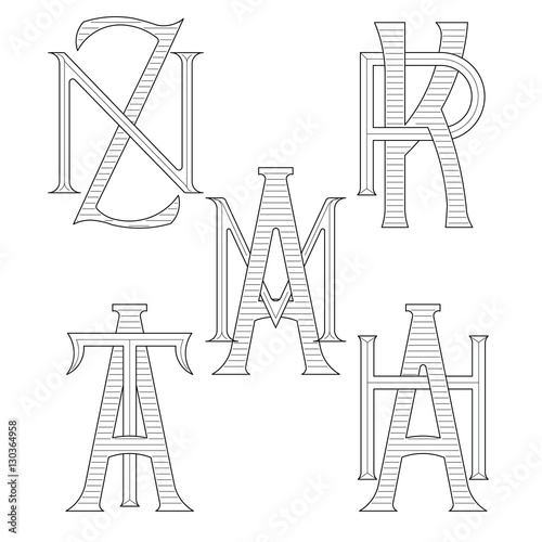 Set of elegant monograms with two letters. ZN KR AM AT AH. Monogram logo identity for author, photographer, restaurant, hotel, heraldic, jewelry.