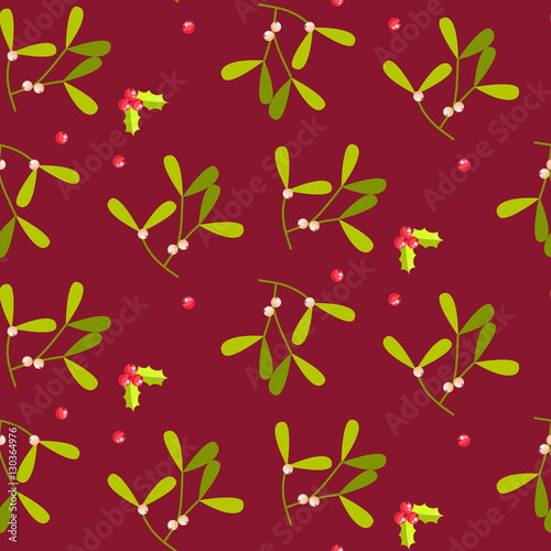 Mistletoe plant seamless vector pattern. Christmas decor green plant on bred background.