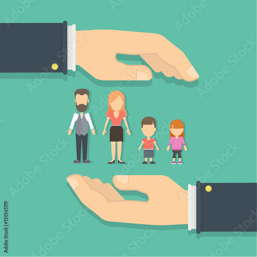Family protection concept. Hands palms protecting family. Health insurance abd security.