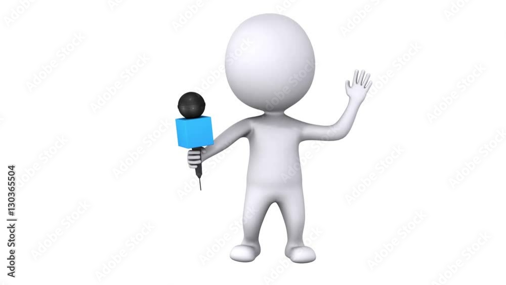 3d white man hosting show and talking into microphone. Wave hello. Render isolated tv host on white screen with alpha matte 3d white man hosting show and talking into microphone. Wave hello. Render isolated tv host on white screen with alpha matte