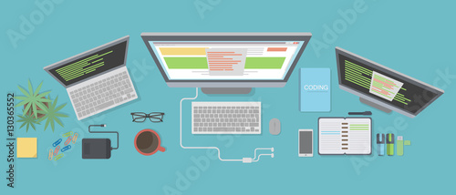 Programmer desk mockup. Desk with coding notes, computer screens and laptop.