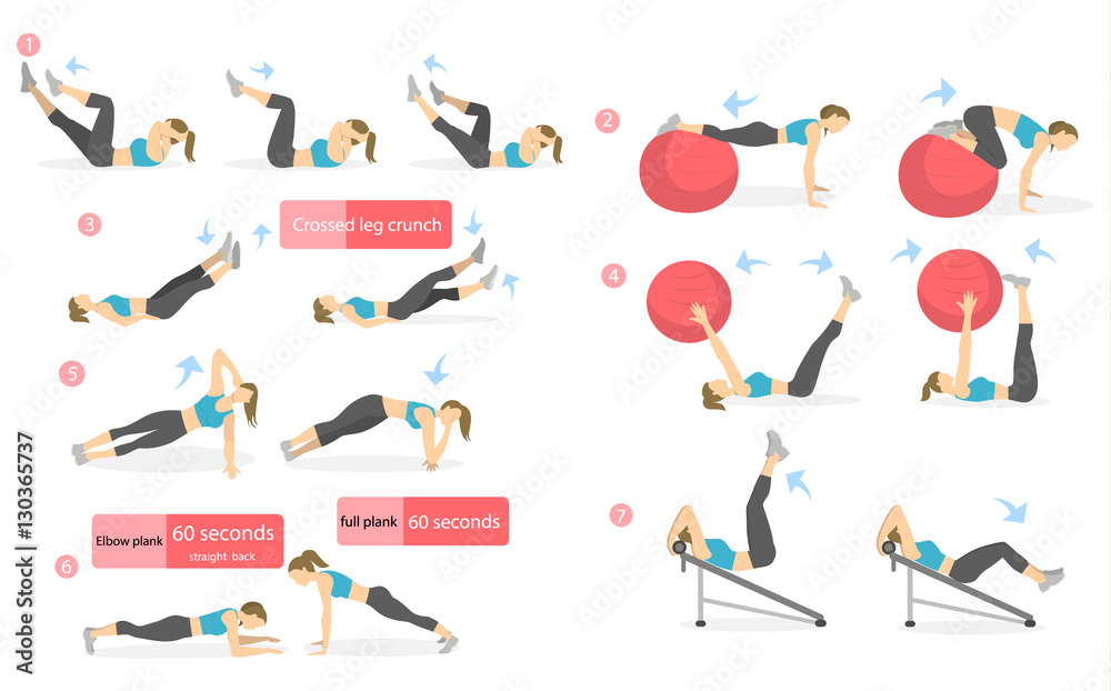 incluir cada vez estudio Abs workout for women. Woman in sport outfit doing abs exercises in gym.  All kinds of abdominal training. vector de Stock | Adobe Stock