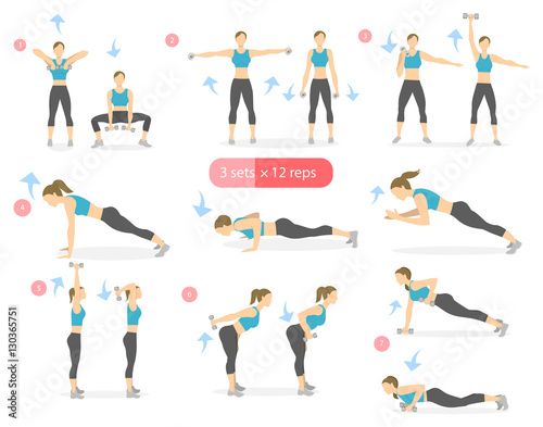 Arms workout set on white. Woman in sport outfit doing exercises in gym. All kinds of arms and shoulders training.