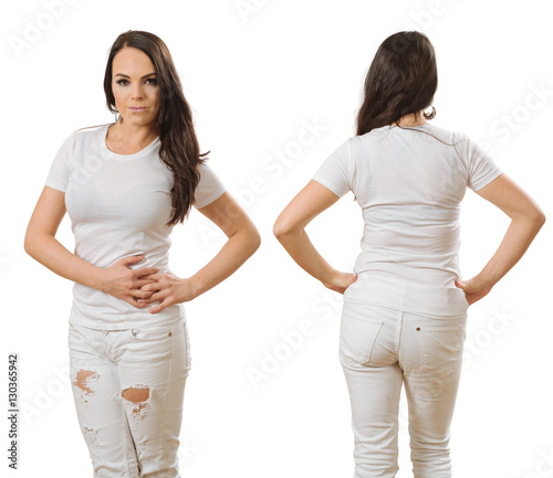 Woman wearing blank white shirt front and back
