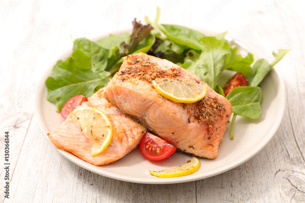 salmon fillet with salad