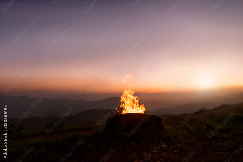 Camp fire at the mountain in the twilight , Chiangmai Northern Thailand.