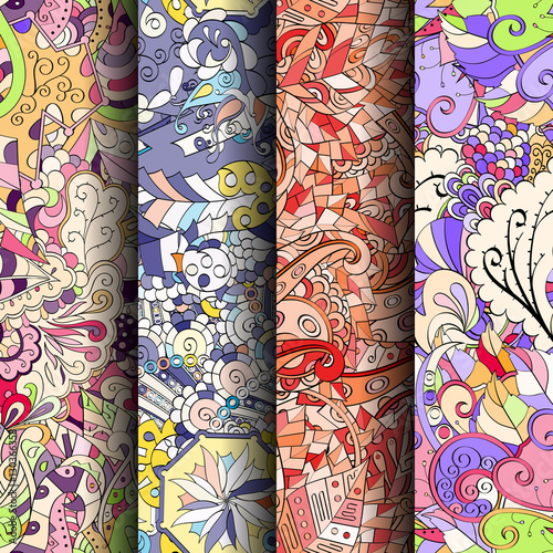 Set of tracery colorful seamless patterns. Curved doodling backgrounds for textile of printing with mehndi and ethnic motives. Vector.