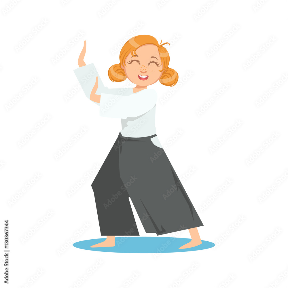 Girl Doing Meditative Tai Chi Exercise In Wide Trousers On Karate Martial Art Sports Training Cute Smiling Cartoon Character Girl Doing Meditative Tai Chi Exercise In Wide Trousers On Karate Martial Art Sports Training Cute Smiling Cartoon Character