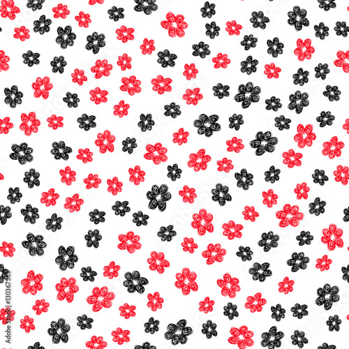 Hand Drawn Flower Pattern Red Black White