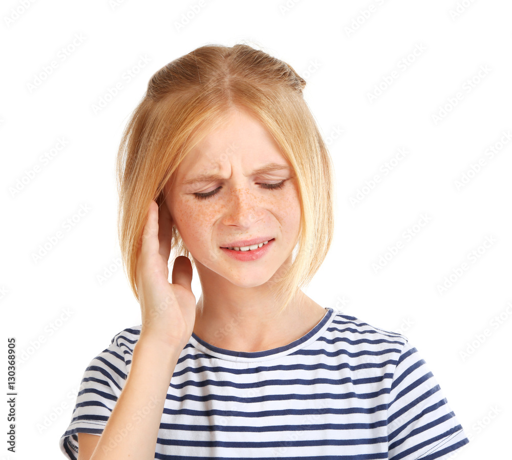 Upset girl with ear pain isolated on white Upset girl with ear pain isolated on white