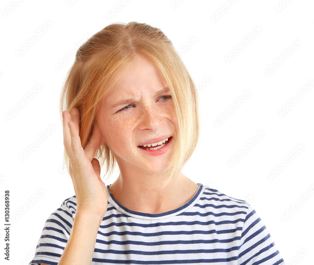 Upset girl with ear pain isolated on white Upset girl with ear pain isolated on white