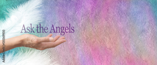Ask Your Angels Parchment Banner - Female hand face up with the words Ask the Angels floating above on a  pastel colored rough parchment stone effect background with two white feathers and copy space