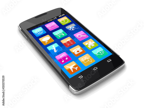 Touchscreen smartphone with pictograms. Image with clipping path.