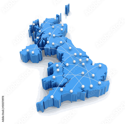 Map of UK with flight paths. Image with clipping path.